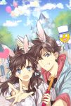  1girl ;d animal_ears blue_eyes blue_jacket blue_sky brown_hair cloud couple day embarrassed fake_animal_ears floating_hair grin hairband heart holding hood hood_down hooded_jacket jacket kudou_shin'ichi long_hair looking_at_viewer meitantei_conan mouri_ran one_eye_closed open_mouth outdoors outstretched_arm ro-a shirt short_sleeves sky smile upper_body white_hairband white_shirt 