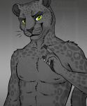  2018 5_fingers abs anthro black_nose black_pawpads claws clothed clothing digital_media_(artwork) feline front_view fur green_eyes grey_background grey_claws grey_fur grey_spots half-length_portrait halftone_background looking_at_viewer male mammal minerea panther pattern_background pawpads pinkdragonlove pinup pointing_up portrait pose simple_background smile solo spots spotted_body standing topless watermark 