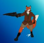  anthro beige_short belt brown_jacket canine clothing fangs fox male mammal ray_gun simple_background smile utility_belt vampire_look 