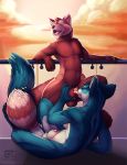  2017 animal_genitalia anthro anthro_on_anthro balls blue_fur claws detached_sheath digital_media_(artwork) dipstick_tail duo eyes_closed fur licking looking_pleasured male male/male mammal multicolored_fur multicolored_tail navel nude open_mouth oral outside penis penis_lick penis_tip precum red_panda sex sheath sheath_grab sheath_play sky standing the_secret_cave toe_claws tongue tongue_out white_balls 