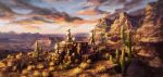  artist_name blurry bush cactus canyon cloud commentary depth_of_field english_commentary fantasy gradient_sky horizon horns looking_away mountain no_humans noyaariho original outdoors scenery sky tail twilight 