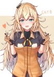 bangs blonde_hair blush breasts character_name commentary_request eyebrows_visible_through_hair floating_heart girls_frontline gloves green_eyes hair_between_eyes hair_ornament hairband hands_up italian_flag italian_flag_neckwear jacket long_hair looking_at_viewer mango_(mgo) messy_hair neck_ribbon open_mouth orange_hairband pleated_skirt ribbon s.a.t.8_(girls_frontline) sidelocks simple_background skirt smile solo very_long_hair 