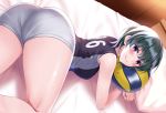  ass ball bed green_hair huyumitsu original purple_eyes short_hair shorts skintight sport uniform volleyball waifu2x 