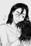  ana_(overwatch) apple_(appleuniversing) blush closed_eyes closed_mouth commentary doodle english_commentary facing_another facing_viewer forehead from_side greyscale hair_between_eyes hair_strand heart hug long_bangs long_hair monochrome mother_and_daughter multiple_girls overwatch pharah_(overwatch) profile shirt short_hair sideways_mouth smile upper_body 