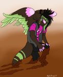  2017 angel_dragon anthro belledraco biped clothed clothing dragon eyewear feathers fully_clothed fur glasses hair horn male mud muddy multicolored_feathers multicolored_fur multicolored_hair shirt solo source_request standing twixxel_minty vest walking wings 