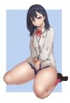  bangs black_hair black_skirt blue_eyes blush bow cardigan closed_mouth collared_shirt eyebrows_visible_through_hair highres js_(wlstjd9595) long_hair long_sleeves looking_at_viewer orange_scrunchie pleated_skirt red_bow school_uniform scrunchie shirt sitting sketch skirt solo ssss.gridman takarada_rikka thick_thighs thighs v_arms wariza white_cardigan white_shirt wrist_scrunchie 