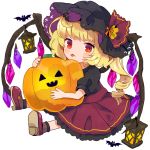  :p alternate_costume bat black_shirt blonde_hair blush chibi commentary_request flandre_scarlet frilled_skirt frills halloween hat hat_ribbon holding_pumpkin jack-o'-lantern lantern looking_at_viewer outstretched_legs puffy_short_sleeves puffy_sleeves red_eyes red_footwear red_skirt ribbon shirt short_hair short_sleeves side_ponytail simple_background sitting sketch skirt solo tamagogayu1998 tongue tongue_out touhou white_background wings 