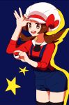  :d adjusting_clothes adjusting_hat arched_back black_legwear blue_background blue_overalls bow breasts brown_eyes brown_hair commentary_request cowboy_shot drop_shadow enamo_(dcah) hands_up happy hat hat_bow holding holding_poke_ball kotone_(pokemon) leaning_forward long_sleeves looking_at_viewer medium_hair open_mouth overall_shorts overalls poke_ball poke_ball_(generic) pokemon pokemon_(game) pokemon_hgss red_bow red_shirt round_teeth shirt simple_background smile solo standing star teeth thighhighs white_hat 