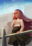  bangs black_legwear black_skirt blue_eyes blunt_bangs crowd highres holding long_hair long_sleeves looking_afar outdoors pantyhose parted_lips railing red_hair shiina_kagari shiny shiny_hair shirt skirt solo_focus sonoda_kurogome steins;gate steins;gate_0 very_long_hair white_shirt wind 