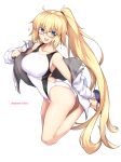  :d ass bare_legs black-framed_eyewear blonde_hair blue_eyes breasts character_name collarbone commentary_request competition_swimsuit eyebrows_visible_through_hair fate/grand_order fate_(series) flip-flops full_body glasses harukon_(halcon) heart highres jacket jeanne_d'arc_(fate)_(all) jeanne_d'arc_(swimsuit_archer) large_breasts legs_up long_hair off_shoulder one-piece_swimsuit open_clothes open_jacket open_mouth ponytail sandals simple_background skindentation smile solo swimsuit very_long_hair white_background white_swimsuit 