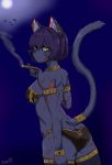  2018 absurd_res anthro armlet bracelet breasts butt cigar clothing feline female fur green_eyes hair hi_res holding_object inner_ear_fluff jewelry leggings legwear looking_at_viewer looking_back mammal moon piercing purple_fur purple_hair raised_tail scar short_hair slit_pupils smoking solo standing 可燃ごみ 