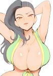  are_(arearee) armpits arms_behind_head arms_up asymmetrical_hair black_hair breasts brown_eyes bursting_breasts cleavage commentary_request cornrows dark_skin deep_skin front-tie_top highres huge_breasts laura_matsuda lips long_hair looking_at_viewer no_bra parted_lips sketch solo street_fighter street_fighter_v 
