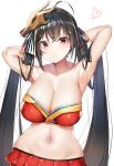  absurdres adapted_costume ahoge armpits arms_behind_head azur_lane bad_id bad_twitter_id bangs bare_shoulders bikini black_hair blush breasts cleavage collarbone commentary_request eyebrows_visible_through_hair groin hair_between_eyes hair_ornament hair_ribbon heart highres huge_breasts large_breasts long_hair looking_at_viewer mask mask_on_head miniskirt navel pleated_skirt red_eyes red_ribbon red_skirt ribbon shiny shiny_skin sidelocks simple_background skindentation skirt smile solo stomach striped striped_ribbon swimsuit taihou_(azur_lane) twintails very_long_hair white_background yayoichi_(yoruyoru108) 