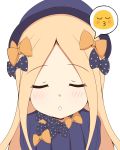  :o abigail_williams_(fate/grand_order) absurdres bangs black_bow black_dress black_hat blonde_hair blue_eyes blush bow closed_eyes commentary_request dress emoji emoticon eyebrows_visible_through_hair facing_viewer fate/grand_order fate_(series) forehead hair_bow hat highres long_hair mitchi o3o orange_bow parted_bangs parted_lips polka_dot polka_dot_bow puckered_lips simple_background solo upper_body white_background 