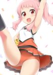  :d absurdres anima_yell! armpits bangs blush cheerleader confetti hand_on_hip hatoya_kohane high_kick highres kicking looking_at_viewer miniskirt mocchi open_mouth orange_skirt pink_hair pleated_skirt pom_poms ponytail red_eyes red_shorts short_shorts shorts shorts_under_skirt skirt smile solo 