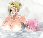  bathing blonde_hair blush breasts commentary_request eyepatch huge_breasts koma_neko lips mouth_submerged multiple_girls nude partially_submerged pink_hair pixiv_fantasia pixiv_fantasia_new_world shared_bathing sweatdrop wet 