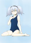  barefoot closed_mouth disc_(needless) feet highres long_hair looking_at_viewer low_twintails needless robot_joints school_swimsuit silver_hair solo swimsuit twintails 