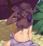  bikini blue_bow blush bow breasts collarbone cowboy_shot crescent crescent_moon_pin fanning front-tie_bikini front-tie_top hair_bow hat hat_pin hot leaf long_hair medium_breasts navel open_mouth outdoors patchouli_knowledge plant purple_bikini purple_eyes purple_hair purple_hat red_bow shade sitting solo splayter sweat swimsuit toon touhou umbrella 