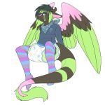  angel_dragon anthro bandanna biped clothed clothing diaper dragon eyewear feathers fully_clothed fur glasses hair horn legwear male multicolored_feathers multicolored_fur multicolored_hair shirt simple_background sitting solo source_request stockings twixxel_minty unknown_artist white_background wings 