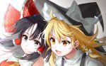  :o bare_shoulders black_hair blonde_hair blurry bow braid commentary_request cravat depth_of_field eyebrows_visible_through_hair eyes_visible_through_hair hair_between_eyes hair_blowing hair_bow hair_ribbon hair_tubes hakurei_reimu hat high_collar highres kirisame_marisa kiyosato0928 leaning_forward leaning_to_the_side lens_flare long_hair looking_at_viewer looking_to_the_side medium_hair multiple_girls open_mouth red_vest ribbon shirt sidelocks silver_eyes simple_background single_braid touhou tress_ribbon upper_body vest white_background white_shirt witch_hat yellow_eyes yellow_neckwear 