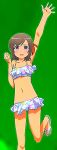  armpits bare_shoulders bikini bikini_skirt collarbone deletethistag flat_chest futsuu_no_joshikousei_ga_locodol_yattemita green_background groin legs navel sandals solo standing_on_one_leg star_print swimsuits usami_nanako waving 