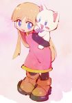  alouette_(rockman_zero) android bangs blonde_hair blue_eyes blunt_bangs blush brown_footwear cat child full_body gloves kon_(kin219) leaning_forward long_hair pantyhose robot_ears rockman rockman_zero simple_background smile solo standing stuffed_animal stuffed_cat stuffed_toy 