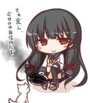  animal bangs black_hair black_legwear black_skirt blue_sailor_collar blush_stickers brown_eyes burnt_food cat closed_mouth commentary_request eyebrows_visible_through_hair fish food gloves holding holding_plate isokaze_(kantai_collection) kantai_collection kneehighs komakoma_(magicaltale) long_hair long_sleeves plate pleated_skirt sailor_collar saury school_uniform serafuku shadow shirt single_kneehigh single_thighhigh skirt smile smoke solo squatting thighhighs v-shaped_eyebrows very_long_hair white_background white_cat white_gloves white_shirt 