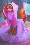  anthro bed black_nose brick candle canine clothed clothing digital_media_(artwork) disney female fluffy fluffy_tail fox fur kneeling looking_at_viewer maid_marian mammal miles_df on_bed orange_fur pillow robin_hood_(disney) smile solo soul_devouring_eyes window 