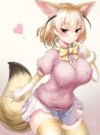  :3 animal_ears blonde_hair blush bow bowtie breasts brown_eyes covered_nipples doyouwantto eyebrows_visible_through_hair fennec_(kemono_friends) fox_ears fox_tail gloves heart highres kemono_friends large_breasts looking_at_viewer miniskirt pink_sweater pleated_skirt school_uniform short_sleeve_sweater skirt smile solo sweater tail thighhighs yellow_legwear zettai_ryouiki 