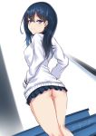  1girl ass black_hair black_skirt blue_eyes cardigan closed_mouth dutch_angle female legs_together long_sleeves looking_at_viewer looking_back no_panties pleated_skirt skirt smile solo ssss.gridman stairs standing sunday_se7en takarada_rikka 