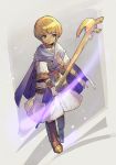  aoki_(fumomo) bangs blonde_hair blunt_bangs boots bracer brown_footwear cape closed_mouth dress full_body golden_sun green_eyes holding holding_staff purple_cape shiba_(golden_sun) sleeves_past_elbows smile solo staff white_dress 