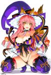  :d alternate_costume animal_ear_fluff animal_ears bangs bare_shoulders black_panties blush boots bow breasts cleavage collarbone ears_through_headwear eyebrows_visible_through_hair fang fate/grand_order fate_(series) food_themed_hair_ornament fox_ears fox_tail gloves groin hair_between_eyes hair_ornament halloween hat hat_bow head_tilt heart jack-o'-lantern jack-o'-lantern_hair_ornament kojima_saya large_breasts lifted_by_self long_hair looking_at_viewer navel open_mouth panties panty_lift pink_hair puffy_short_sleeves puffy_sleeves pumpkin_hair_ornament purple_footwear purple_hat purple_legwear red_legwear short_sleeves simple_background smile solo squatting striped striped_bow tail tamamo_(fate)_(all) tamamo_no_mae_(fate) thigh_boots thighhighs thighhighs_under_boots underwear very_long_hair white_background white_gloves witch_hat yellow_eyes 
