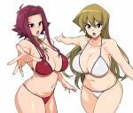  bare_shoulders bikini blonde_hair breasts brown_eyes cleavage collarbone izayoi_aki jewelry large_breasts long_hair multiple_girls navel necklace open_mouth outstretched_arm red_bikini red_hair shiny shiny_hair short_hair_with_long_locks sidelocks simple_background string_bikini swimsuit tamagoroo_(funifuni_labo) tenjouin_asuka white_background white_bikini yuu-gi-ou yuu-gi-ou_5d's yuu-gi-ou_gx 