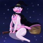  2018 anthro belly_dancer blue_eyes broom broom_riding cape clothed clothing digital_drawing_(artwork) digital_media_(artwork) eyeliner fak&eacute;mon fangs female flying fur gem halloween hat herpestid hi_res holidays looking_at_viewer magic_user makeup mammal meerkat mesmerich mongoose night open_mouth paws pink_fur reallydarkandwindie simple_background smile solo star thick_thighs tongue video_games wide_hips witch witch_hat 