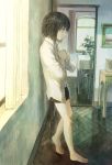  bare_legs barefoot chair collared_shirt commentary_request curtains flower full_body grey_eyes highres indoors long_sleeves original parted_lips picture_frame shirt short_hair shorts t-shirt table texture tokunaga_akimasa vase window wooden_floor 