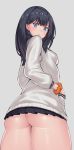  1girl arm_scrunchie ass black_hair black_skirt blue_eyes blush breasts cardigan closed_mouth cowboy_shot female from_below hand_in_pocket long_hair looking_at_viewer looking_back looking_down medium_breasts no_panties pleated_skirt qin shiny shiny_skin simple_background skirt solo ssss.gridman standing takarada_rikka thick_thighs thighs 