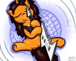  brown_hair clothing cobra_darkstar electric equine eyelashes eyes_closed female guitar hair high-angle_view holding_musical_instrument holding_object hooves horn instrument lying mammal musical_instrument my_little_pony on_back orange_ears pokehidden pussy pussy_juice smile solo spread_legs spreading unicorn vest 