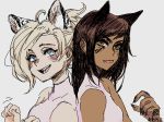  animal_ears apple_(appleuniversing) artist_name blonde_hair blue_eyes blush breasts brown_eyes brown_hair cat_ears commentary dark_skin dress english_commentary eye_of_horus facial_tattoo fang flat_color grey_background grin hand_up hands_up long_hair looking_at_viewer mercy_(overwatch) multiple_girls nose_blush overwatch paw_pose pharah_(overwatch) pink_dress short_hair simple_background sleeveless sleeveless_dress small_breasts smile tattoo teeth tongue tongue_out upper_body 