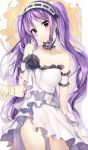  bangs bare_shoulders black_flower black_rose blush breasts brown_background closed_mouth collarbone commentary_request cowboy_shot detached_sleeves dress euryale eyebrows_visible_through_hair fate/hollow_ataraxia fate_(series) flower frilled_hairband frills hairband hand_up head_tilt highres long_hair looking_at_viewer purple_eyes purple_hair ribbon-trimmed_hairband ribbon_trim rose satoimo_chika small_breasts solo strapless strapless_dress twintails two-tone_background very_long_hair white_background white_dress white_hairband 