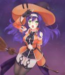  1girl belt black_gloves black_legwear blue_hair broom broom_riding commentary_request detached_sleeves fingerless_gloves fire_emblem fire_emblem:_souen_no_kiseki fire_emblem_heroes garter_straps gloves green_eyes halloween_costume hat headband highres long_hair navel_cutout night night_sky open_mouth papapa36 sky solo star_(sky) thighhighs wayu_(fire_emblem) white_headband witch_hat 