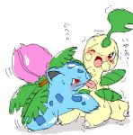  bayleef blush ivysaur japanese_text licking nintendo pasaran pok&eacute;mon pok&eacute;mon_(species) red_eyes sweat text tongue tongue_out translation_request video_games 