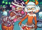  4girls artist_name bag bandages bare_shoulders breasts candy cephalopod_eyes colo_(nagrolaz) commentary dark_skin demon_girl demon_horns demon_tail elbow_gloves fake_horns fake_tail flat_chest food ghost_costume gloves halloween halloween_costume highres hime_(splatoon) hockey_mask horns iida_(splatoon) inkling jack-o'-lantern jellyfish_(splatoon) jiangshi large_breasts leotard medium_hair multicolored_hair multiple_girls mummy_costume naked_bandage octoling ofuda open_mouth orange_gloves orange_leotard purple_hair running short_hair silver_hair smile splatoon_(series) splatoon_2 strapless strapless_leotard tail tentacle_hair tongue tongue_out two-tone_hair yellow_eyes 