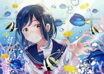  aquarium bangs black_hair brown_eyes collarbone fish highres looking_at_viewer nanaminn neckerchief original red_neckwear sailor_collar school_uniform serafuku shirt short_hair short_sleeves smile solo swept_bangs tropical_fish upper_body white_shirt 