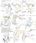  1boy cowboy_bebop gun highres male_focus pants shirt shoes sitting sketch spike_spiegel spiked_hair tagme translation_request twatabe weapon yellow_shirt 