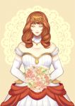  absurdres bouquet celica_(fire_emblem) closed_eyes cowboy_shot crown dress elbow_gloves fire_emblem fire_emblem_echoes:_mou_hitori_no_eiyuuou fire_emblem_gaiden flower gloves gown highres holding holding_bouquet red_hair smile solo tsukiyumi wavy_hair wedding_dress 