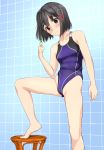  absurdres barefoot black_hair blush breasts brown_eyes collarbone competition_swimsuit eyebrows_visible_through_hair feet_out_of_frame groin haguro_(kantai_collection) hair_ornament highleg highleg_swimsuit highres kantai_collection leg_up legs one-piece_swimsuit pubic_hair pubic_hair_peek purple_swimsuit razor short_hair small_breasts solo standing stool swimsuit takafumi tears thighs tile_wall tiles 