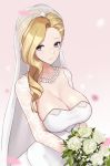  absurdres azur_lane blonde_hair blue_eyes bouquet breasts bridal_veil bride cleavage closed_mouth collarbone curly_hair dress flower highres holding holding_flower hood_(azur_lane) jewelry large_breasts light_smile long_hair looking_at_viewer necklace rose see-through simple_background solo upper_body veil wedding wedding_dress white_flower zukanosuke 