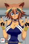  1girl absurdres animal_ears armband artist_name bangs bare_shoulders blue_eyes blue_swimsuit blush breasts brown_hair claws collar collarbone dog_ears dog_girl eyebrows_visible_through_hair fang female furry hair_between_eyes hairband hands_up highres indoors large_breasts looking_at_viewer monster_musume_no_iru_nichijou no_humans one-piece_swimsuit open_mouth patreon_logo patreon_username paws polt shiny shiny_hair short_hair solo swimsuit watermark web_address wristband zannatemx 