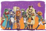  4boys armor bandages broom candy cape demon_horns dorcas_(fire_emblem) fire_emblem fire_emblem:_rekka_no_ken fire_emblem_heroes florina food fur fur_collar gauntlets grin halloween halloween_basket halloween_costume hat horns kent_(fire_emblem) lyndis_(fire_emblem) multiple_boys multiple_girls murabito_ba pumpkin pumpkin_hat sain smile sweets wavy_hair wil_(fire_emblem) witch_hat 