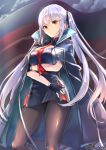  artist_name azur_lane bangs black_gloves black_legwear black_ribbon blue_dress blue_jacket breast_hold breasts cghr7824 closed_mouth cloud coat contrapposto dress essex_(azur_lane) flag from_below gloves hair_ribbon jacket jacket_on_shoulders large_breasts long_hair looking_at_viewer military military_uniform necktie orange_eyes outdoors pantyhose partly_fingerless_gloves purple_hair red_neckwear ribbon sidelocks sky solo standing twintails uniform very_long_hair wing_collar 